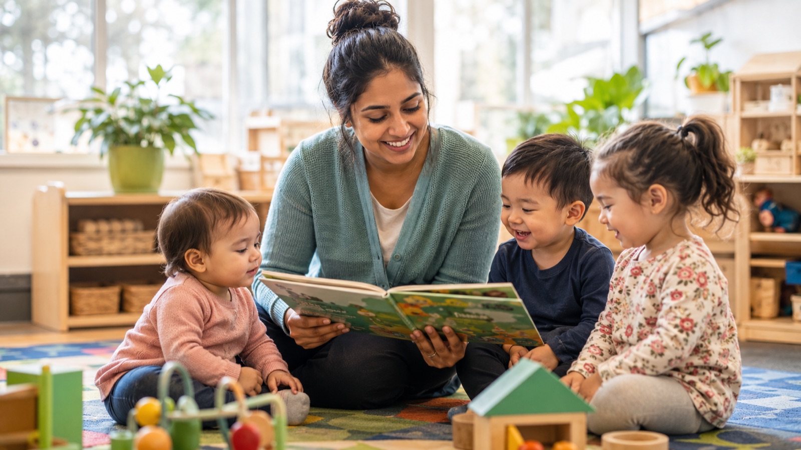 An early childhood educator reading a picture book to three happy young children in a bright, modern Canadian daycare