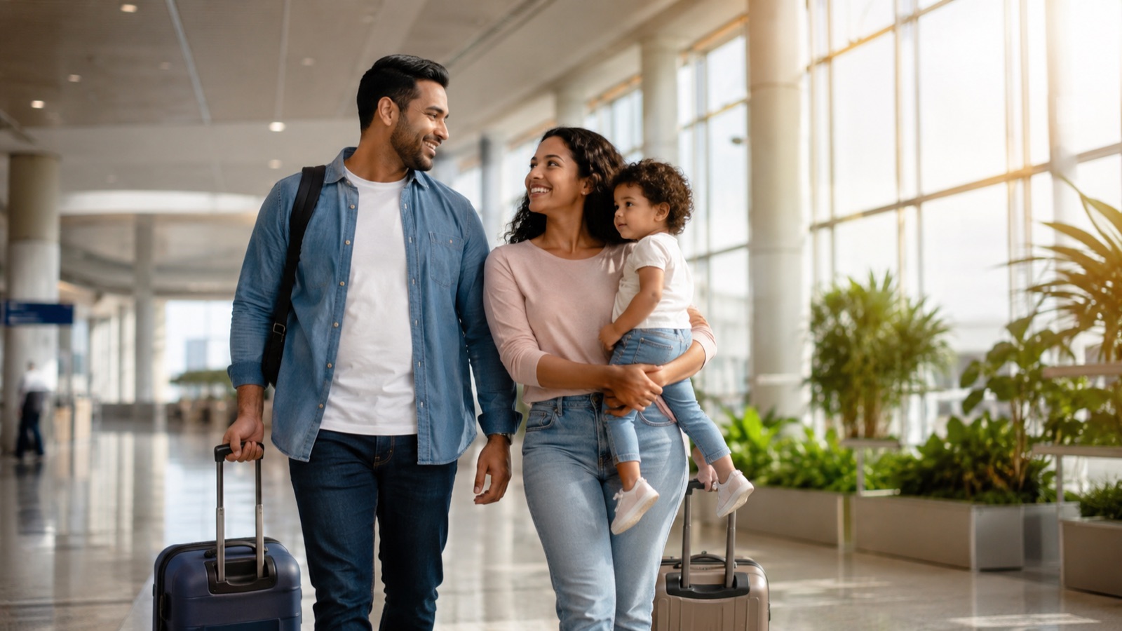 A newcomer family with luggage arriving at a bright Canadian airport, looking hopeful about their new life in Canada